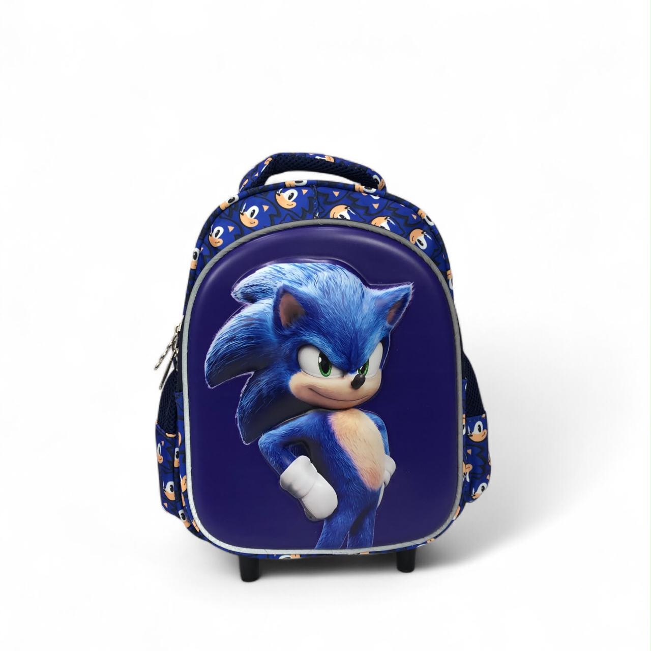 Blue character face trolley backpack with zip front, small wheels, and top handle